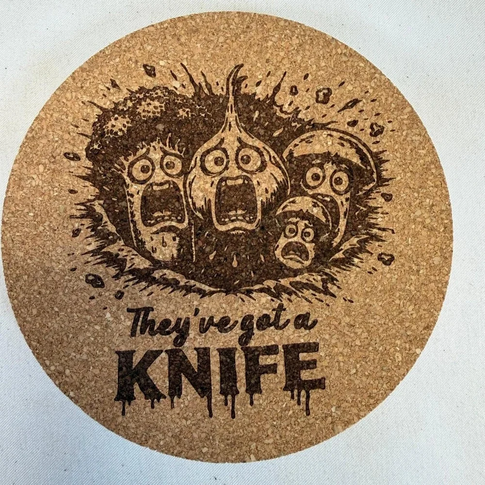 Funny Horror Cork Coaster Set 4 They've Got a Knife Chicken Cow Veggie Pun Bar